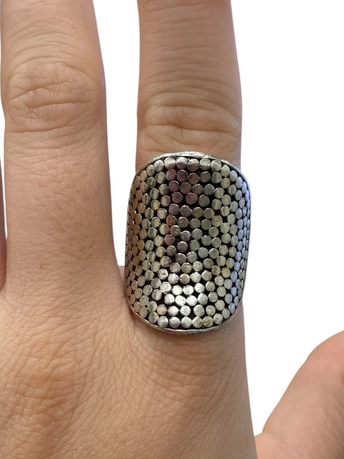 925 Sterling Silver Granulated Design Wide Concave Ring