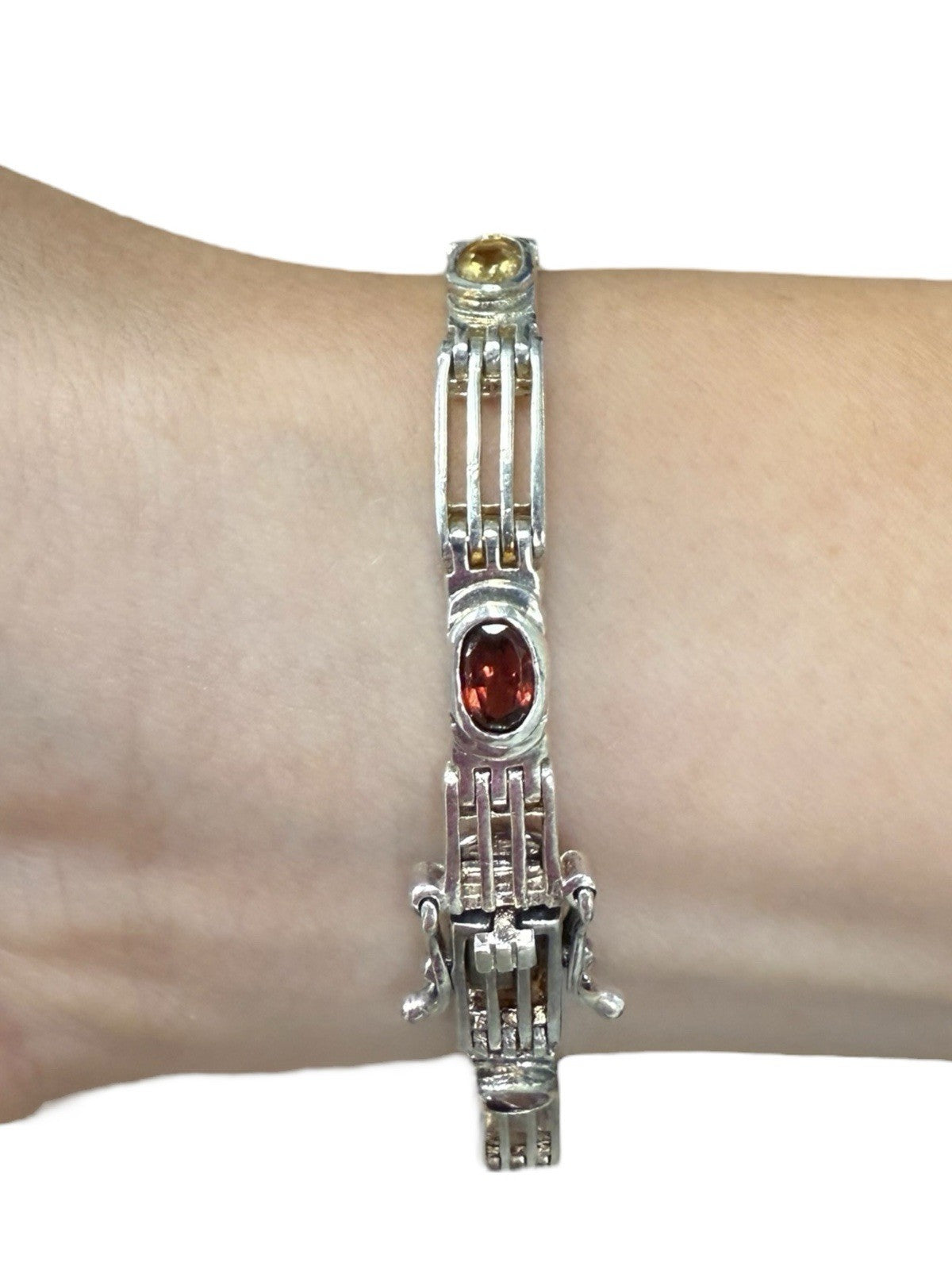 Sterling Silver Link Bracelet with Eight Colored Faceted Gemstones