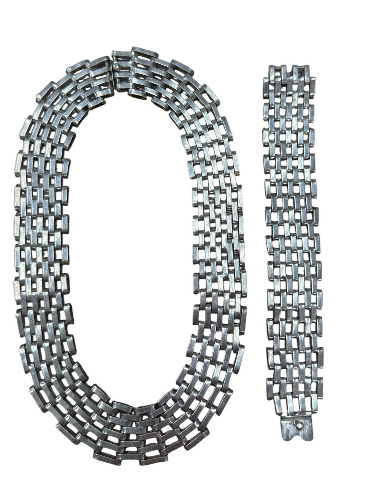 1970s Vintage Taxco Sterling Silver Chain Link Bib/Choker And Bracelet