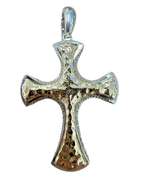 Sterling Silver & 14K Gold Cross Pendant w/ Diamond Edge