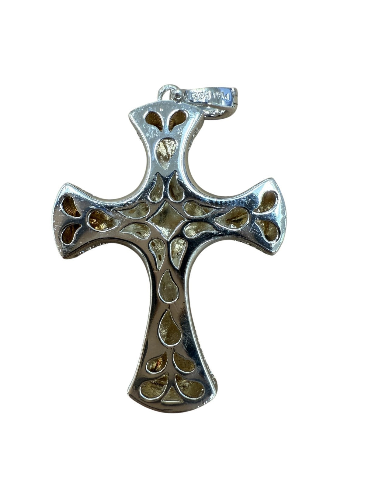 Sterling Silver & 14K Gold Cross Pendant w/ Diamond Edge