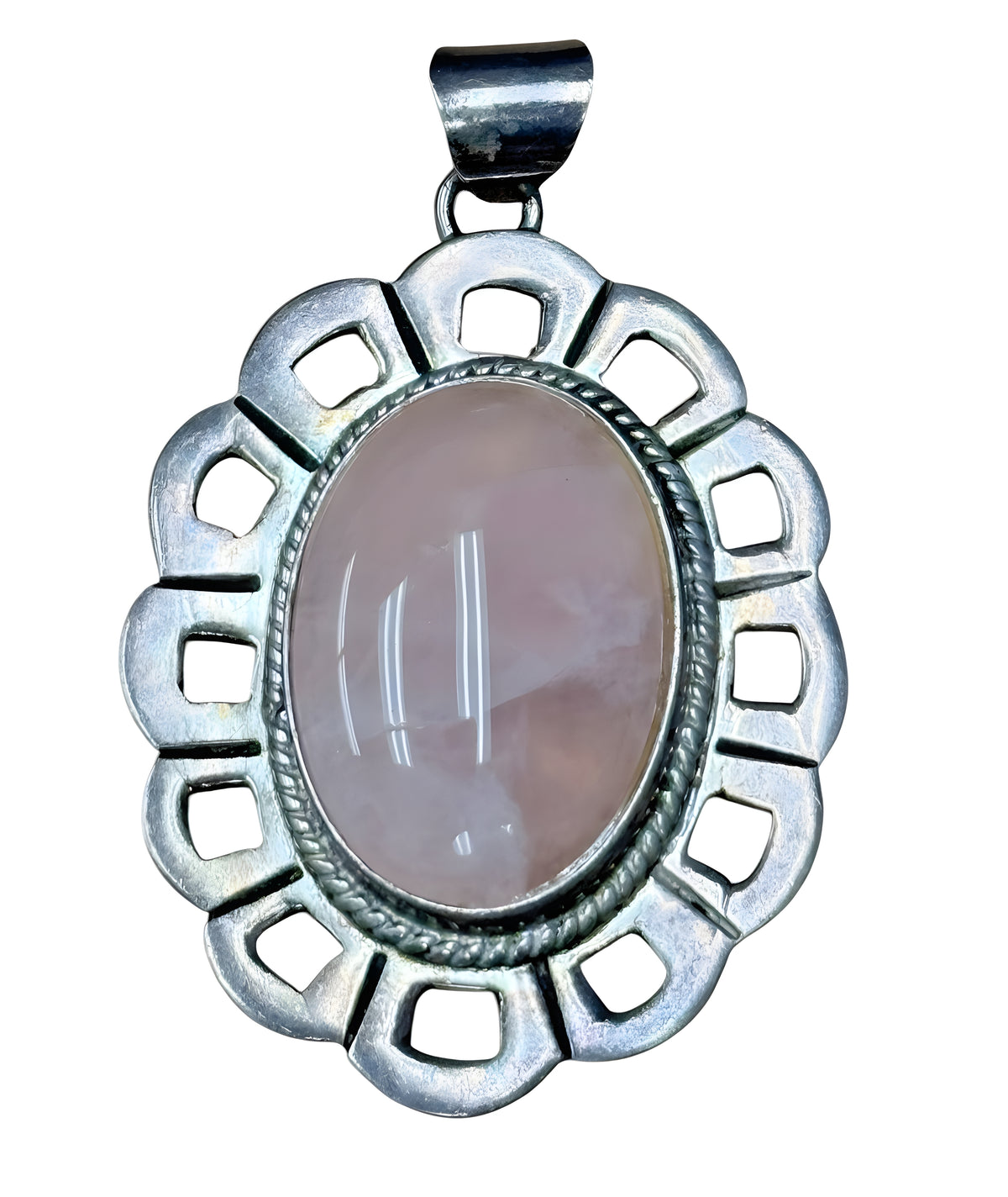 Vintage Taxco Mexico Sterling Silver Rose Quartz Pendant 925 TV-176 Scalloped