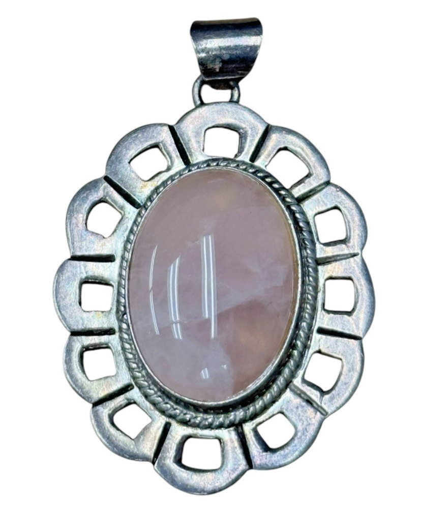Vintage Taxco Mexico Sterling Silver Rose Quartz Pendant 925 TV-176 Scalloped