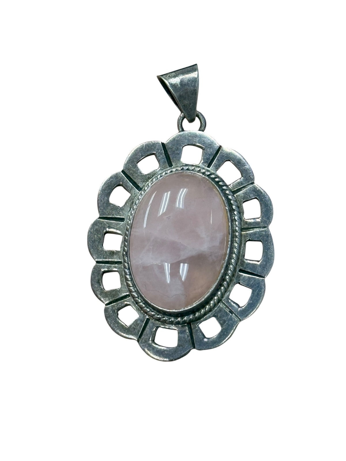 Vintage Taxco Mexico Sterling Silver Rose Quartz Pendant 925 TV-176 Scalloped