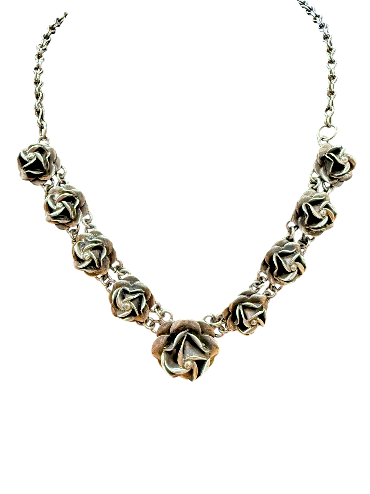 Vintage Mexico 925 Sterling Rose Necklace 18” 42 g Floral Beauty