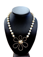 Avi Soffer Israel 925 14K Pearl & Silver Flower Pendant Necklace 18.75-20.75”