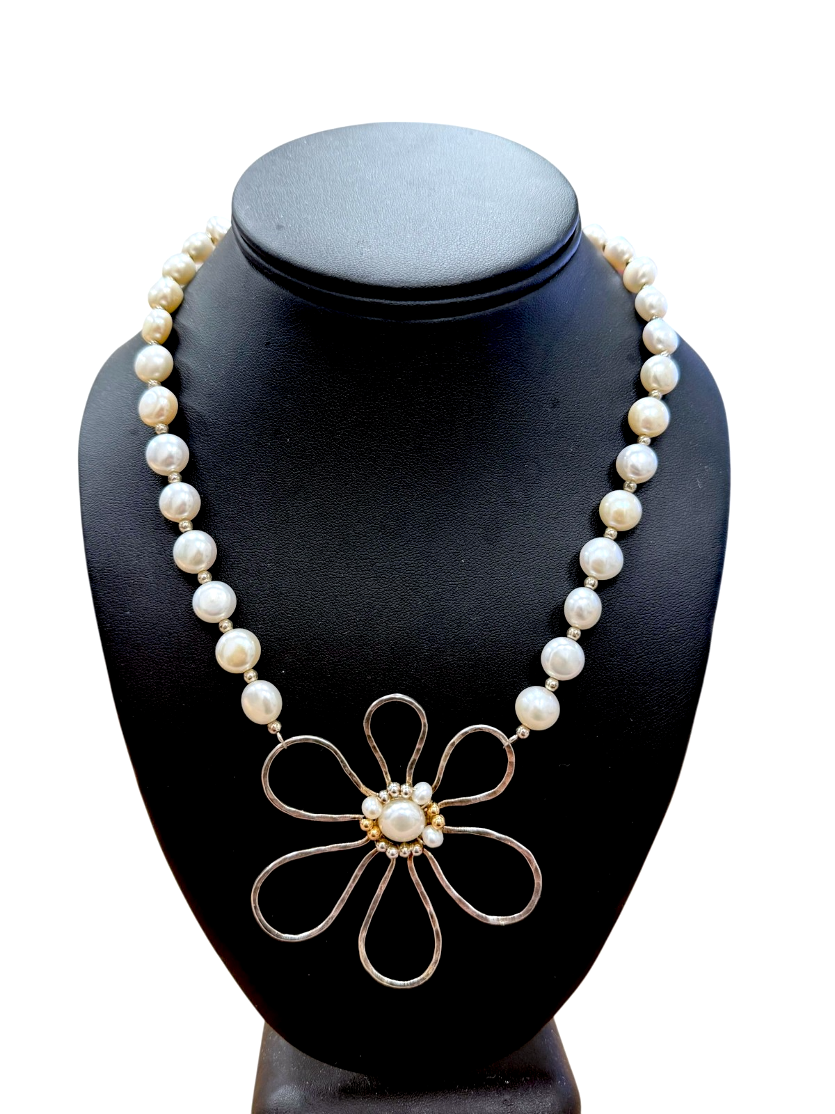 Avi Soffer Israel 925 14K Pearl & Silver Flower Pendant Necklace 18.75-20.75”