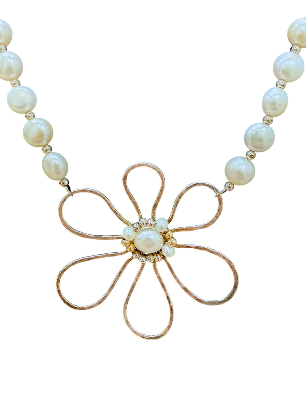 Avi Soffer Israel 925 14K Pearl & Silver Flower Pendant Necklace 18.75-20.75”