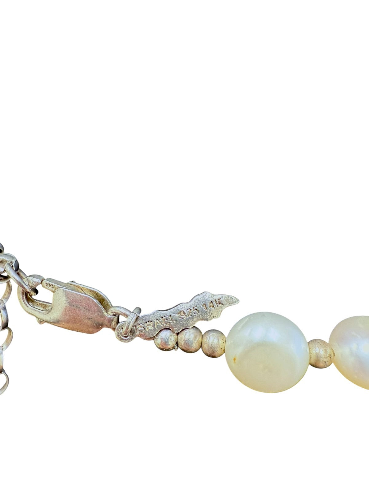 Avi Soffer Israel 925 14K Pearl & Silver Flower Pendant Necklace 18.75-20.75”