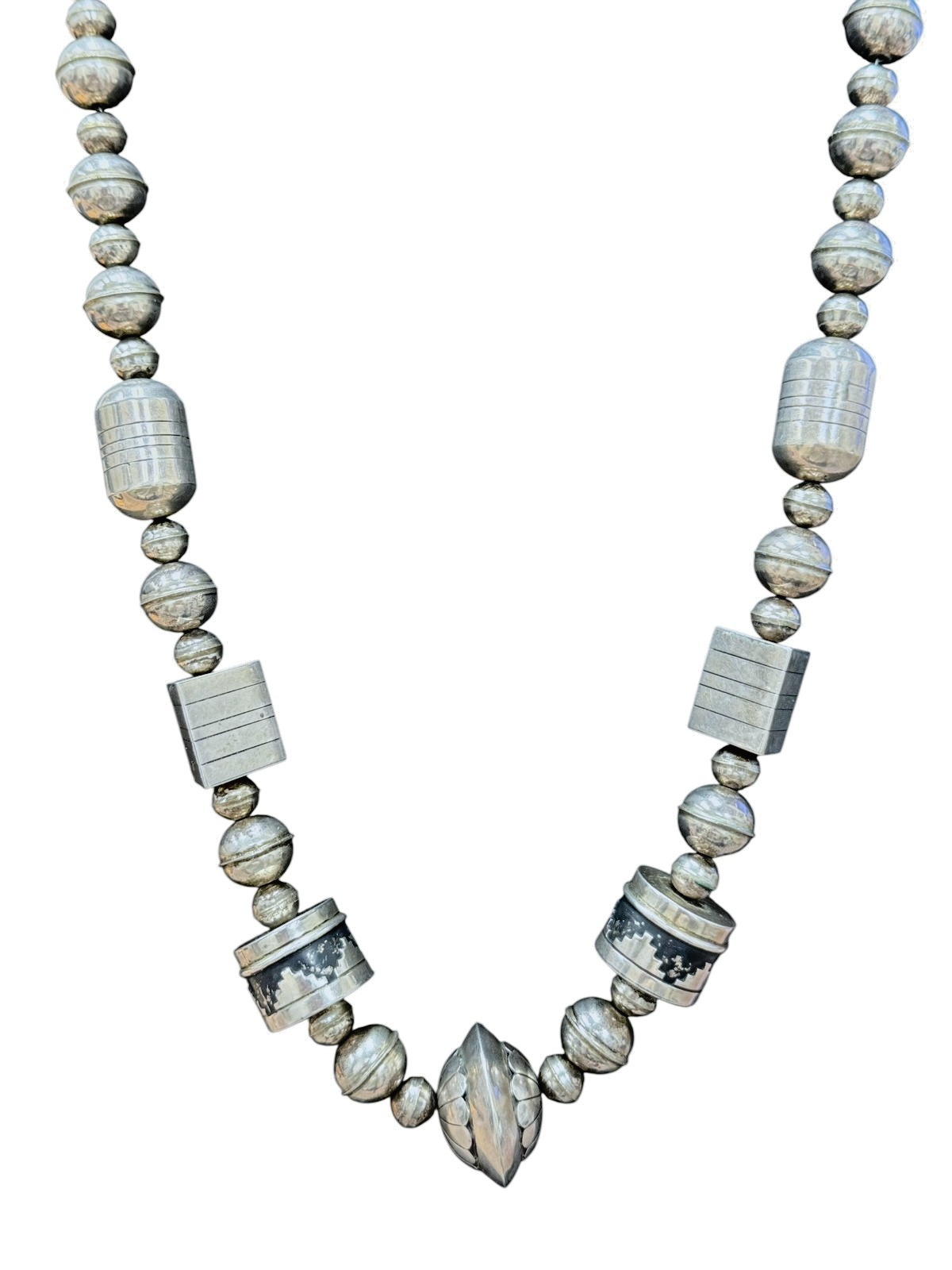 NW Sterling Silver Navajo Bead & Turquoise Tribal Necklace 98.2g 30.5”