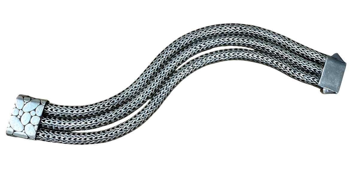 John Hardy Heavy Sterling Silver Woven Multi-Strand Bracelet w/ Textured Clasp