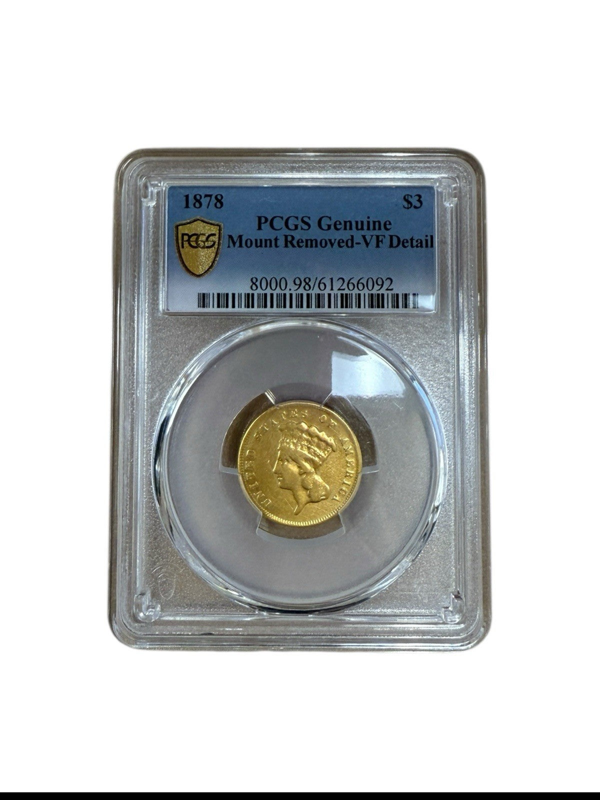 1878 $3 Indian Head PCGS Genuine Mount Removed-VF Detail