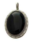 Vintage Sterling Silver Black Onyx Oval Pendant Signed PM 23.6g