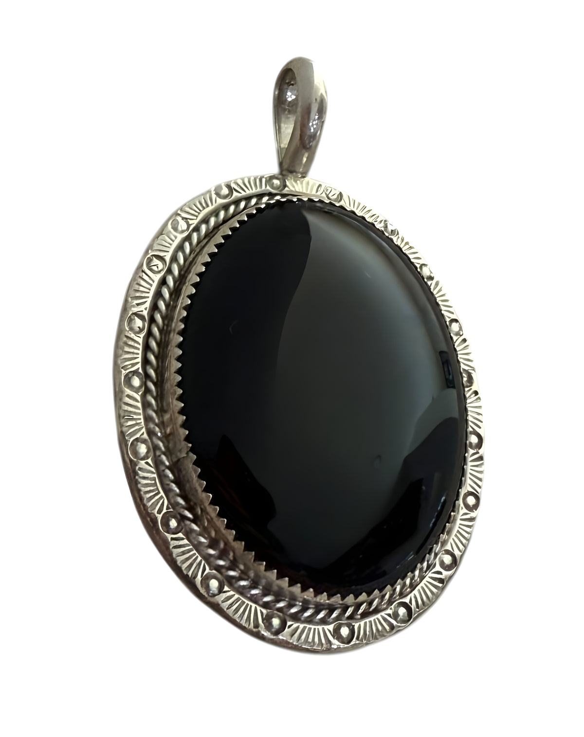 Vintage Sterling Silver Black Onyx Oval Pendant Signed PM 23.6g