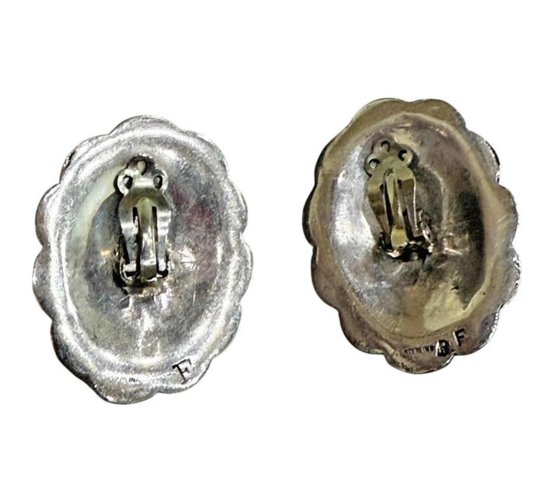 Vintage Sterling Turquoise Concho Clip-On Earrings Navajo Style BF