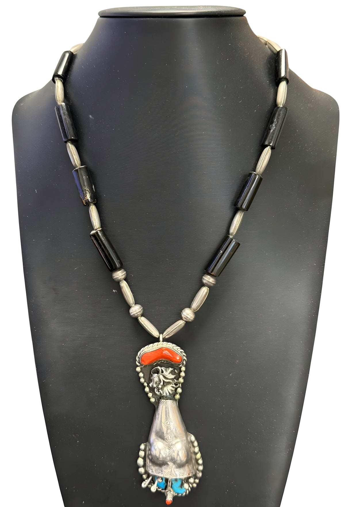 Vintage Navajo J.J. Kowith Sterling Silver Coral Turquoise Pendant Necklace 89g
