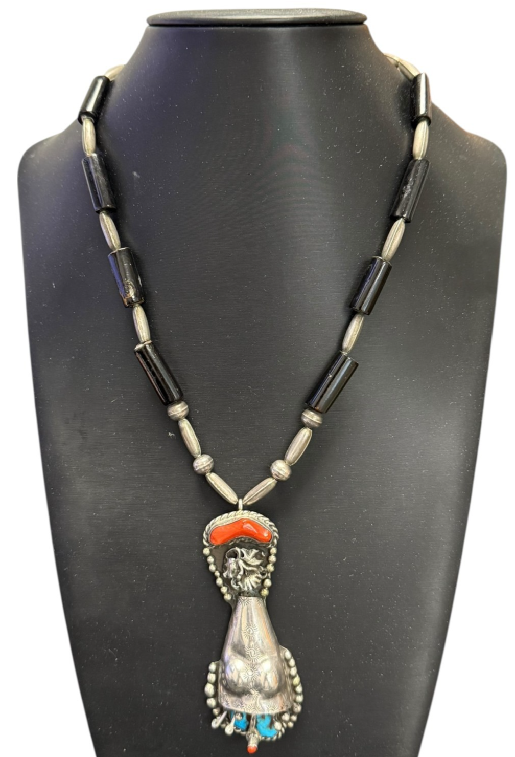 Vintage Navajo J.J. Kowith Sterling Silver Coral Turquoise Pendant Necklace 89g