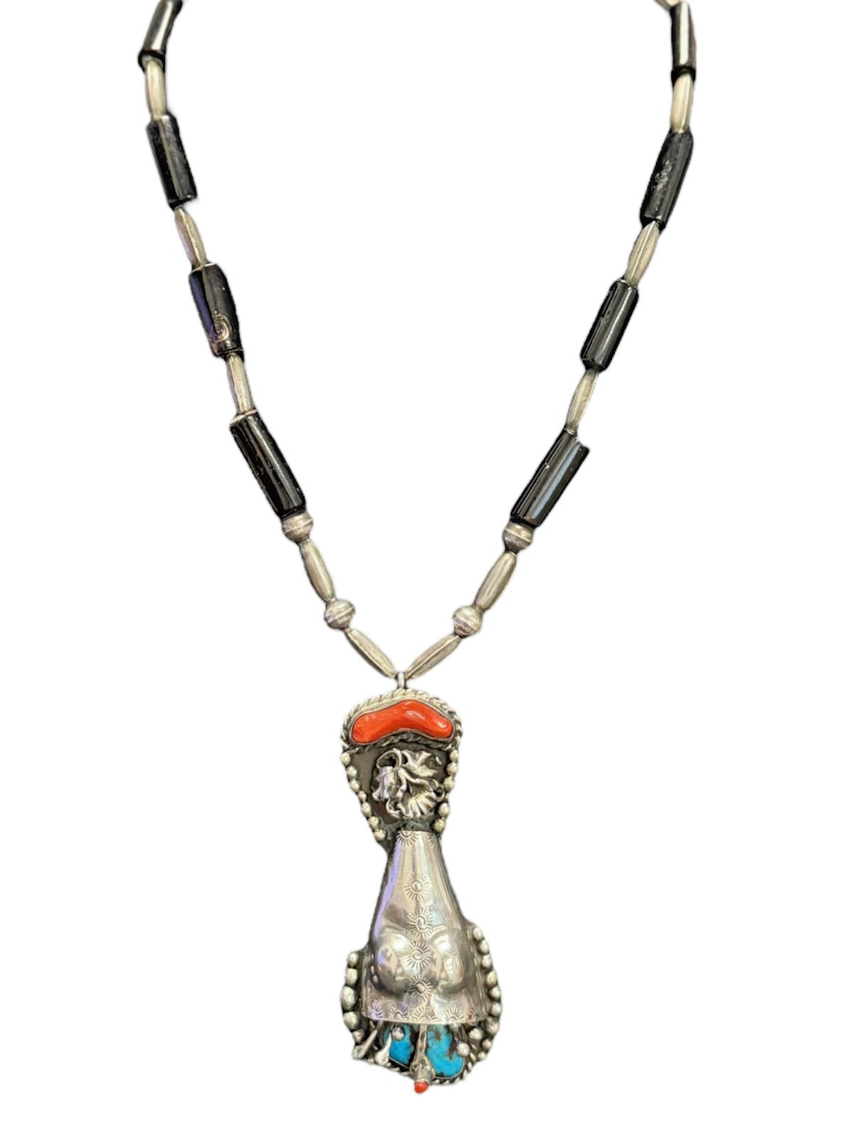 Vintage Navajo J.J. Kowith Sterling Silver Coral Turquoise Pendant Necklace 89g