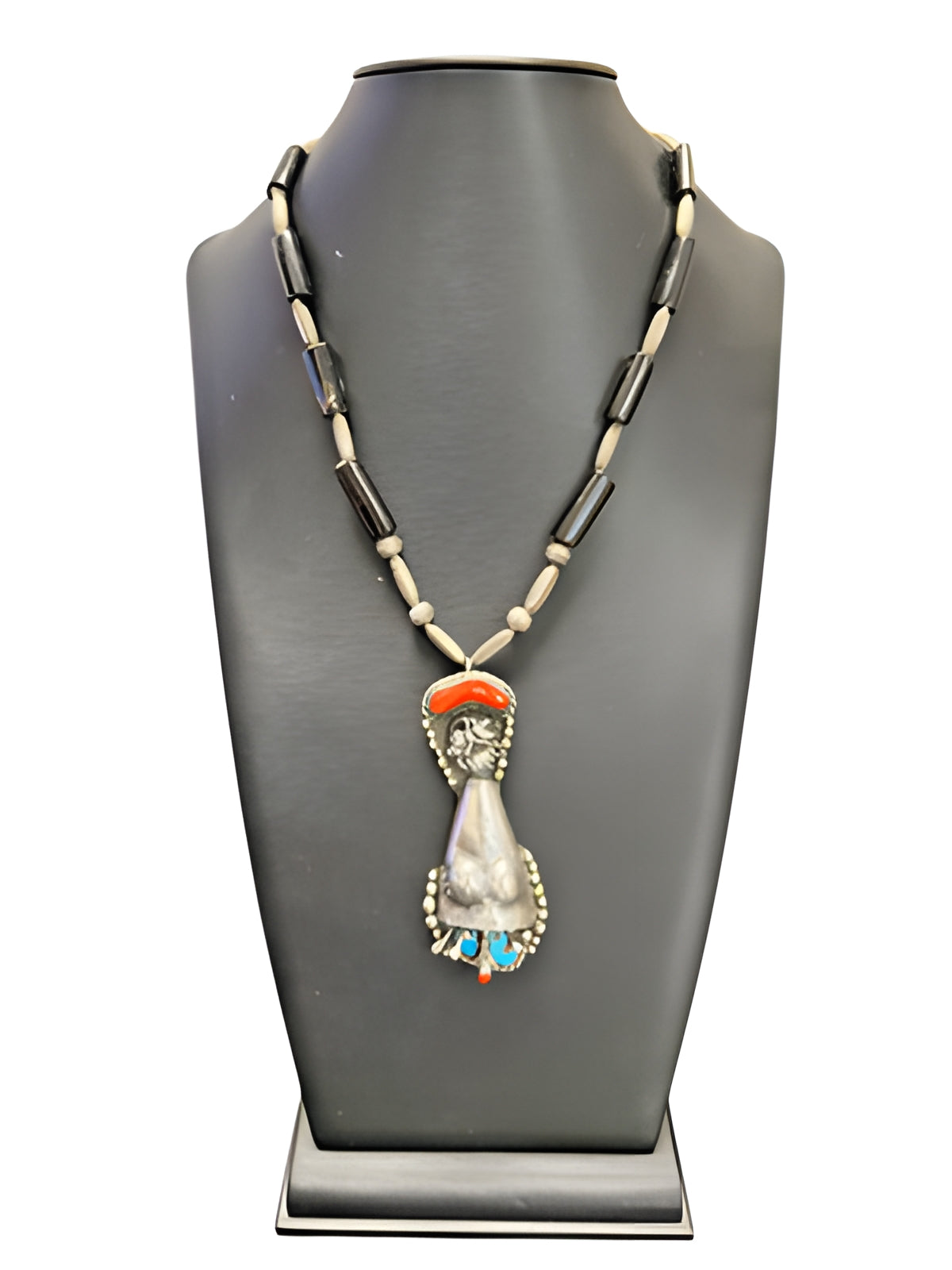 Vintage Navajo J.J. Kowith Sterling Silver Coral Turquoise Pendant Necklace 89g