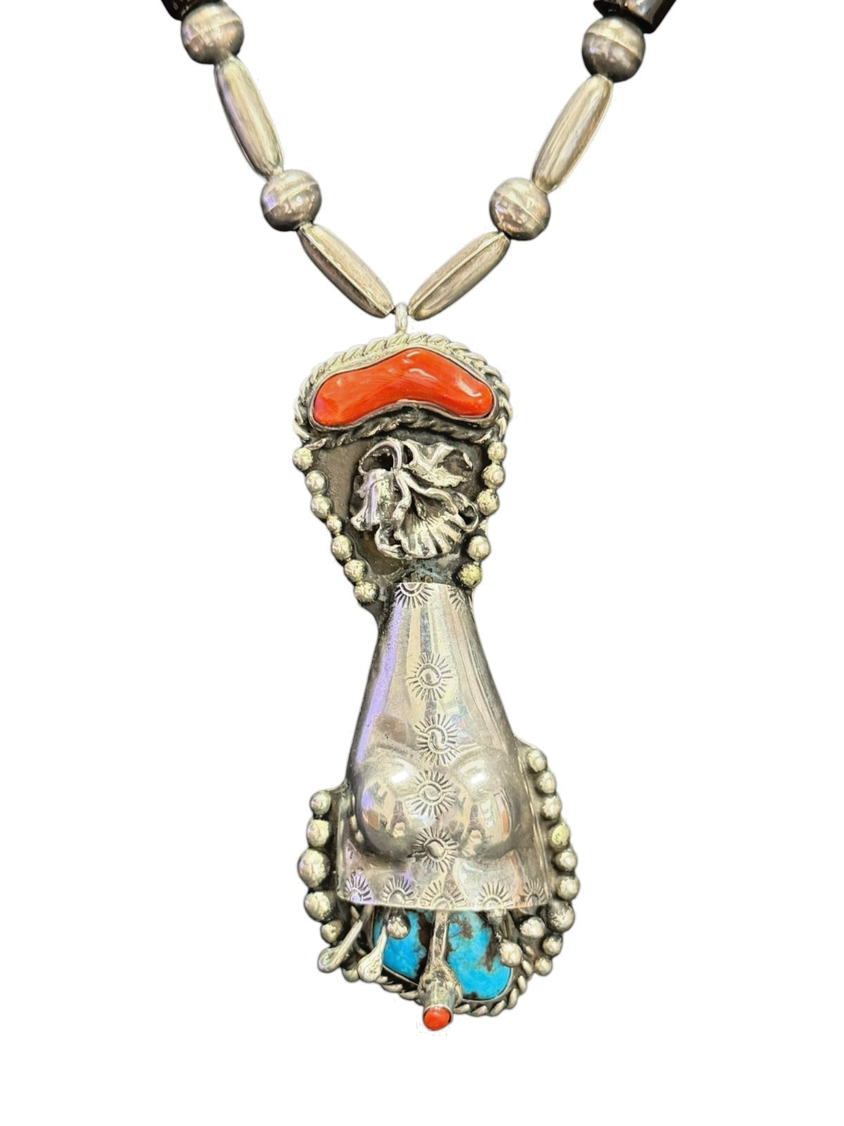 Vintage Navajo J.J. Kowith Sterling Silver Coral Turquoise Pendant Necklace 89g