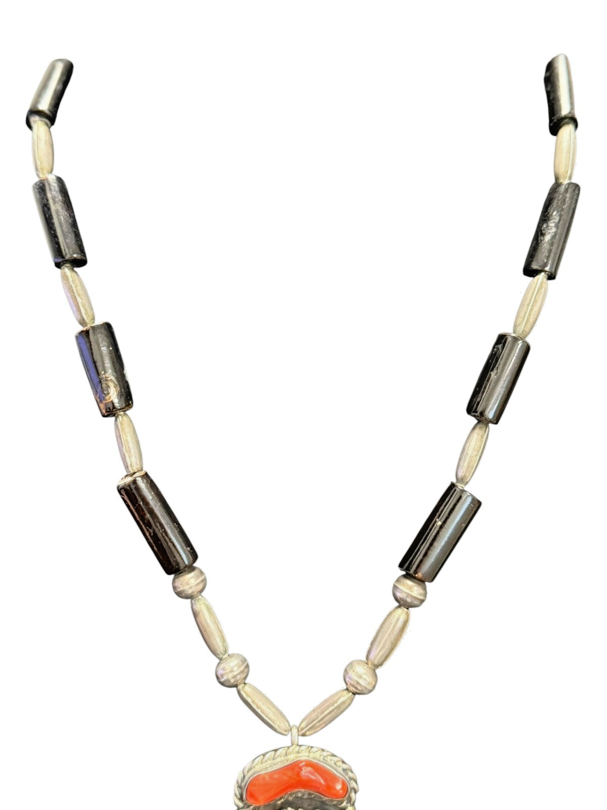 Vintage Navajo J.J. Kowith Sterling Silver Coral Turquoise Pendant Necklace 89g