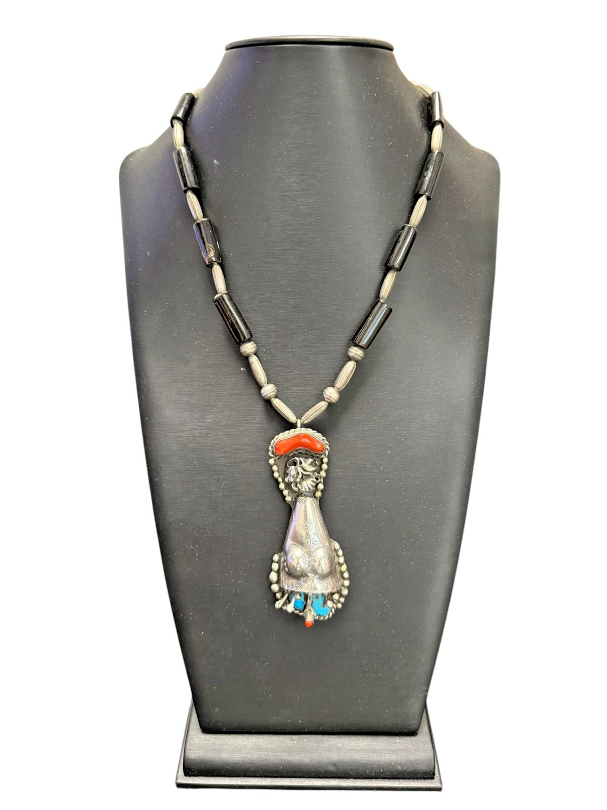 Vintage Navajo J.J. Kowith Sterling Silver Coral Turquoise Pendant Necklace 89g