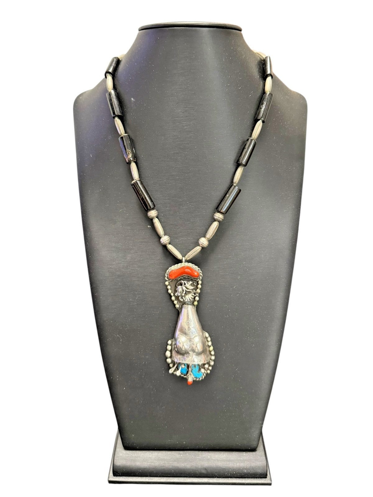 Vintage Navajo J.J. Kowith Sterling Silver Coral Turquoise Pendant Necklace 89g
