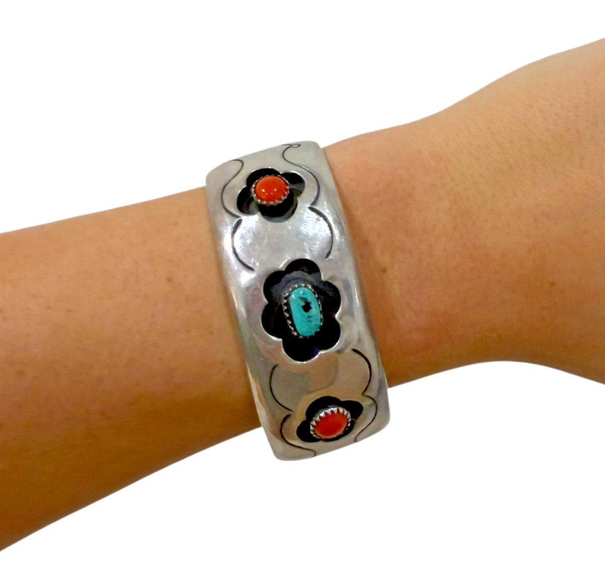 Vintage Navajo Sterling Silver Shadowbox Turquoise Coral Cuff Bracelet 45.5g