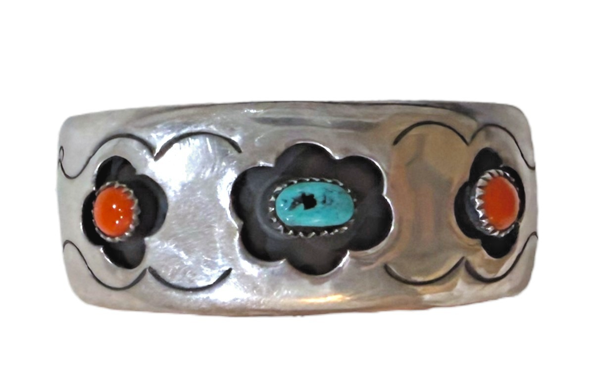 Vintage Navajo Sterling Silver Shadowbox Turquoise Coral Cuff Bracelet 45.5g