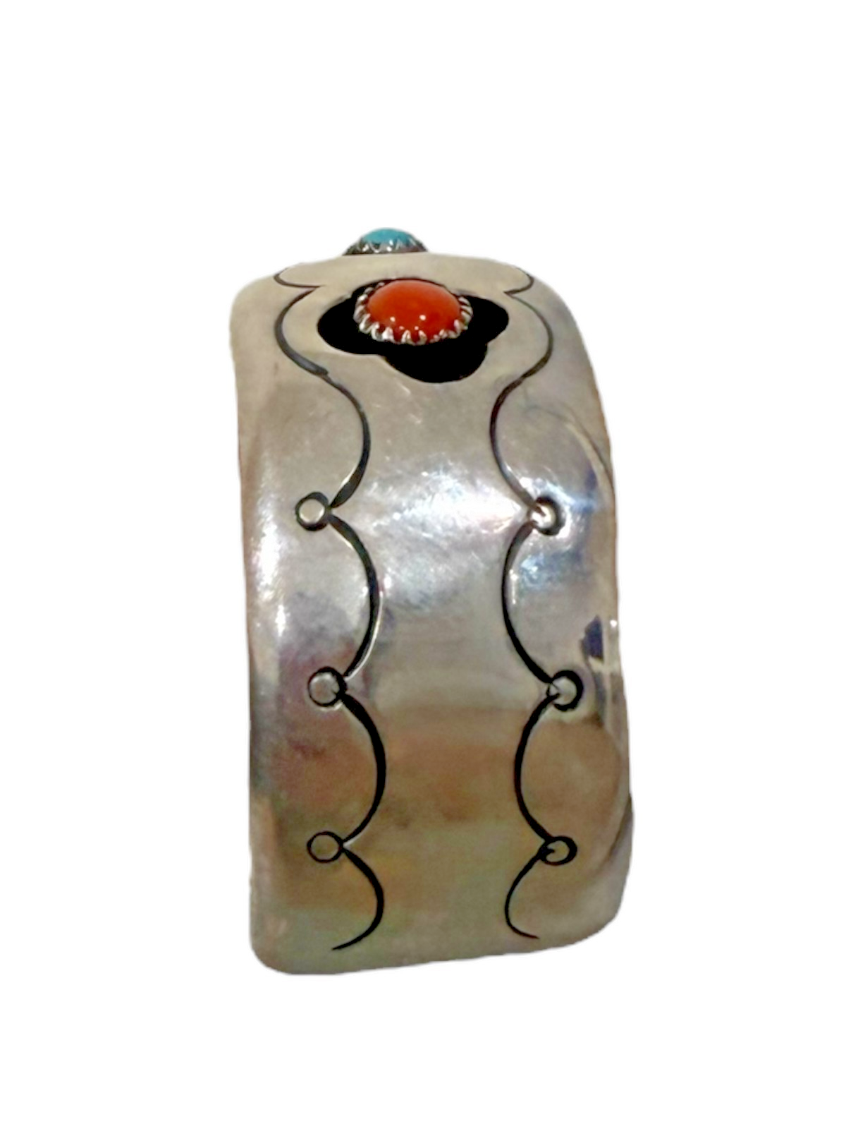 Vintage Navajo Sterling Silver Shadowbox Turquoise Coral Cuff Bracelet 45.5g