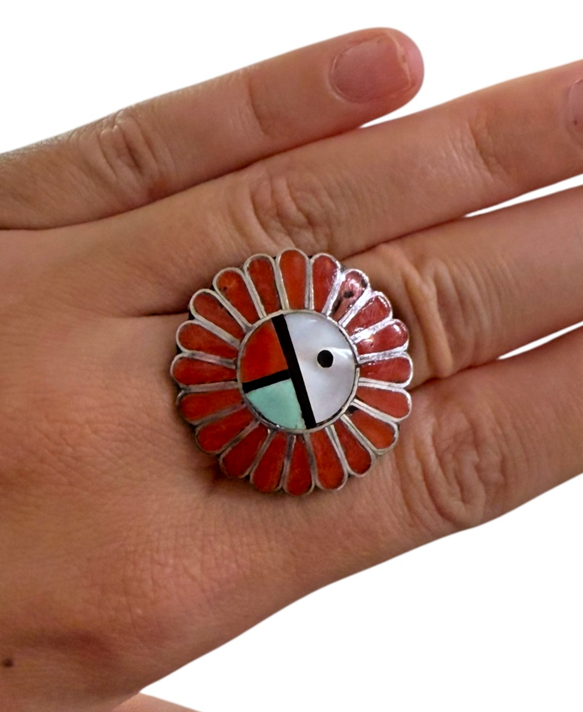 Vintage Sterling Silver Zuni Sunface Ring Size 4.5 ~ 6.3 g, Inlay Coral