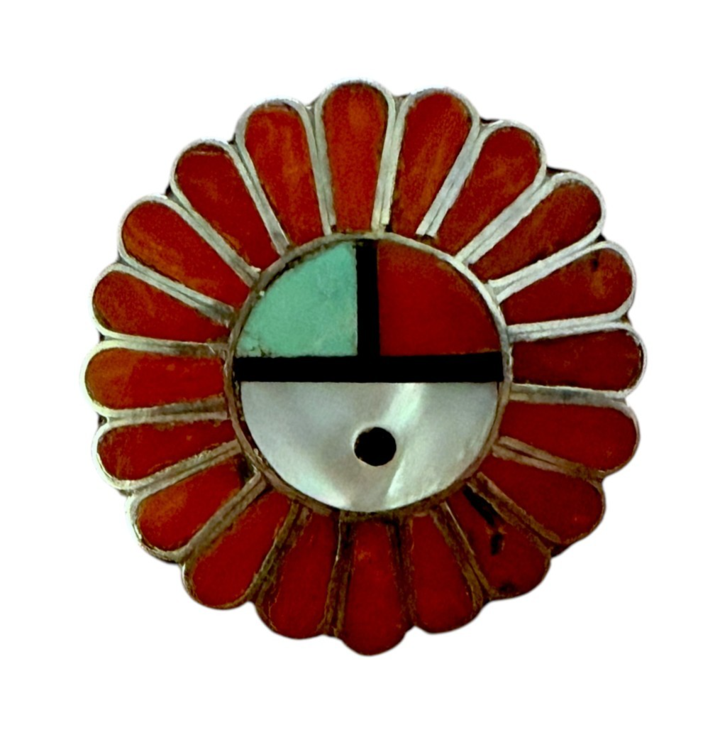 Vintage Sterling Silver Zuni Sunface Ring Size 4.5 ~ 6.3 g, Inlay Coral