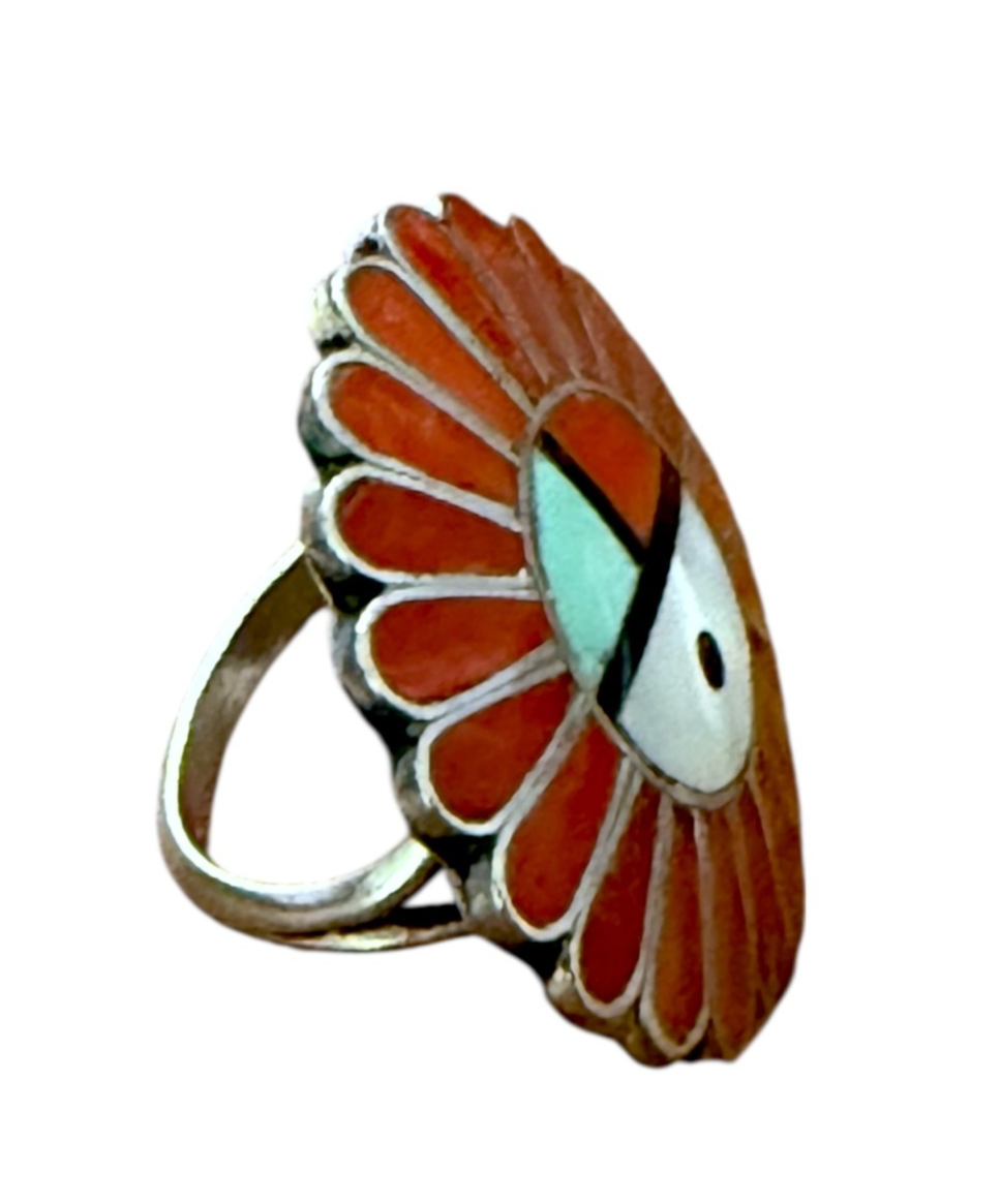 Vintage Sterling Silver Zuni Sunface Ring Size 4.5 ~ 6.3 g, Inlay Coral