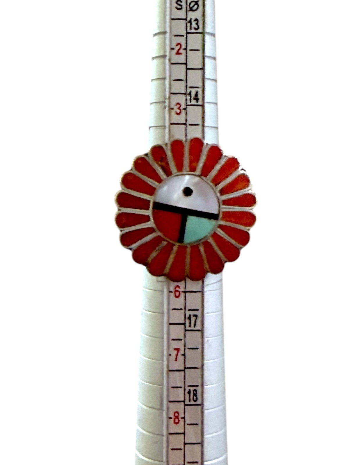 Vintage Sterling Silver Zuni Sunface Ring Size 4.5 ~ 6.3 g, Inlay Coral