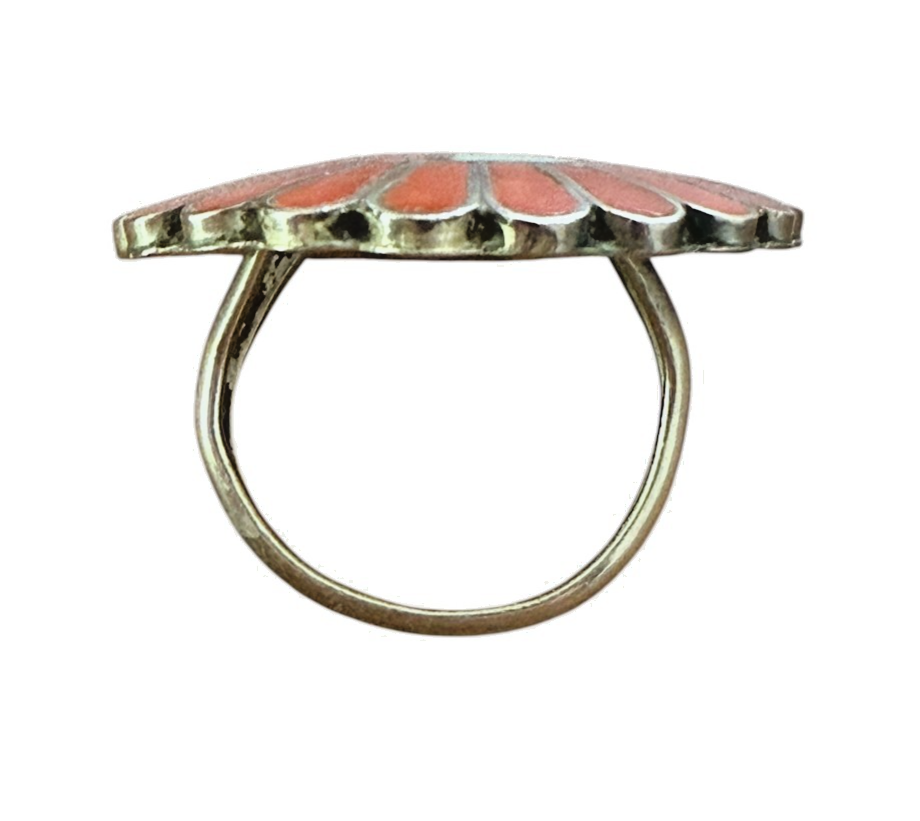 Vintage Sterling Silver Zuni Sunface Ring Size 4.5 ~ 6.3 g, Inlay Coral