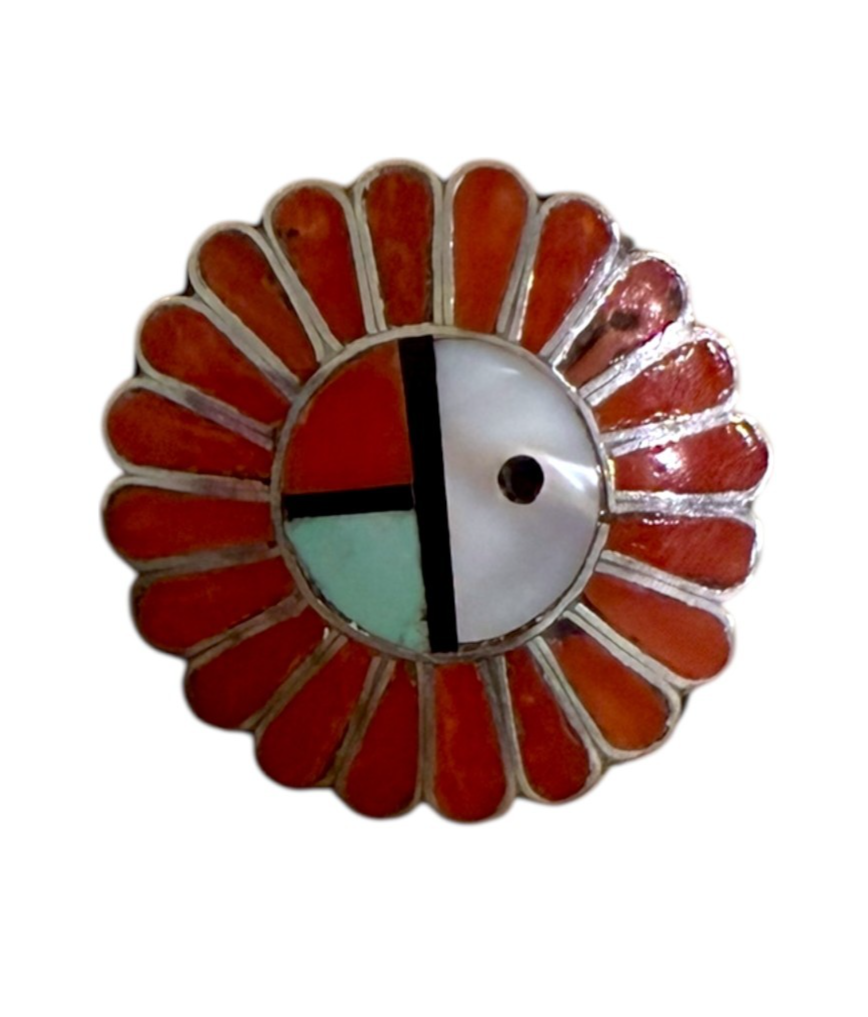 Vintage Sterling Silver Zuni Sunface Ring Size 4.5 ~ 6.3 g, Inlay Coral
