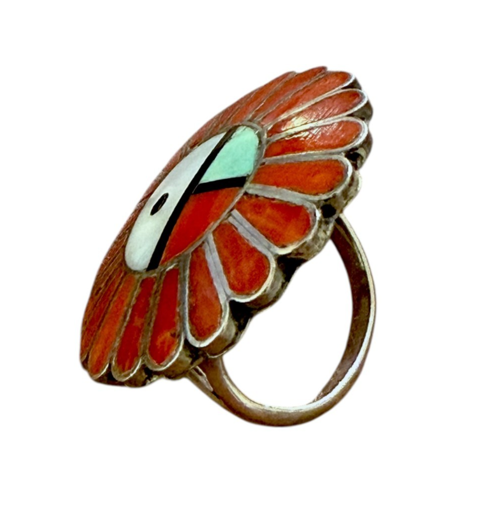Vintage Sterling Silver Zuni Sunface Ring Size 4.5 ~ 6.3 g, Inlay Coral