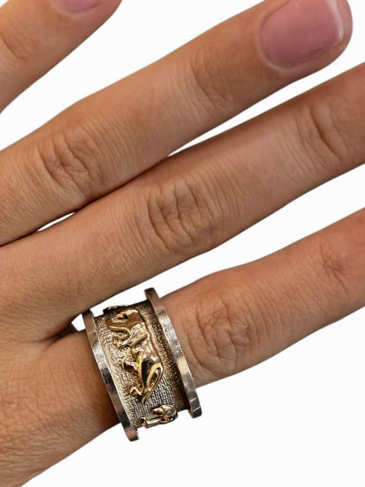 Vintage 925 Sterling & 14K Gold Panther Band Ring Size 8.5,  12.8g