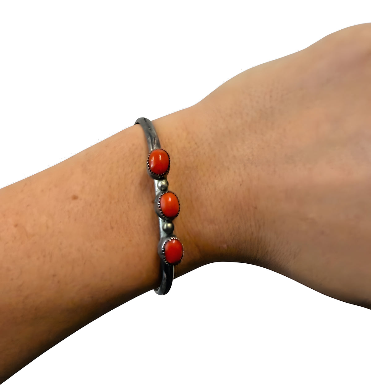 Vintage Navajo Sterling Silver NAKAI Coral Cuff Bracelet 12g 5.5” Circumferenc