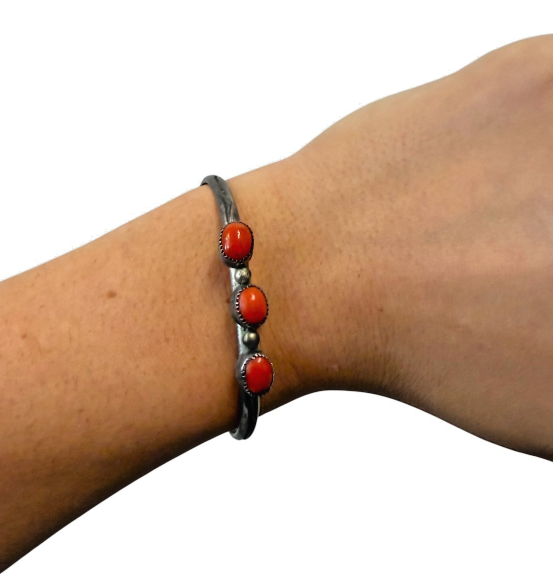 Vintage Navajo Sterling Silver NAKAI Coral Cuff Bracelet 12g 5.5” Circumference