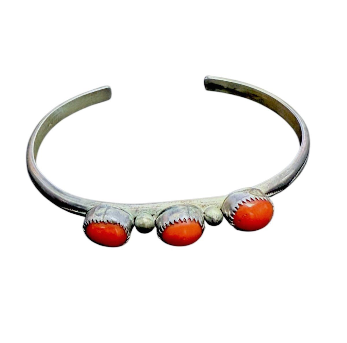 Vintage Navajo Sterling Silver NAKAI Coral Cuff Bracelet 12g 5.5” Circumference