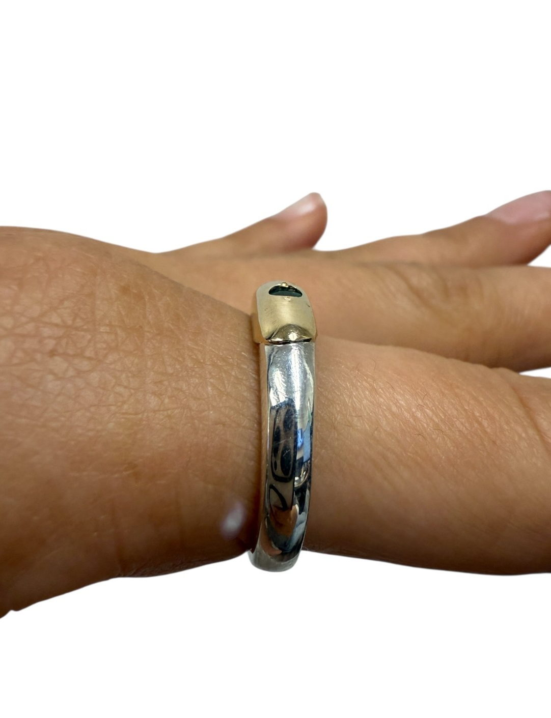 Zenith Sterling Silver & 14K Gold Band Ring w/ Green Stone Size 8