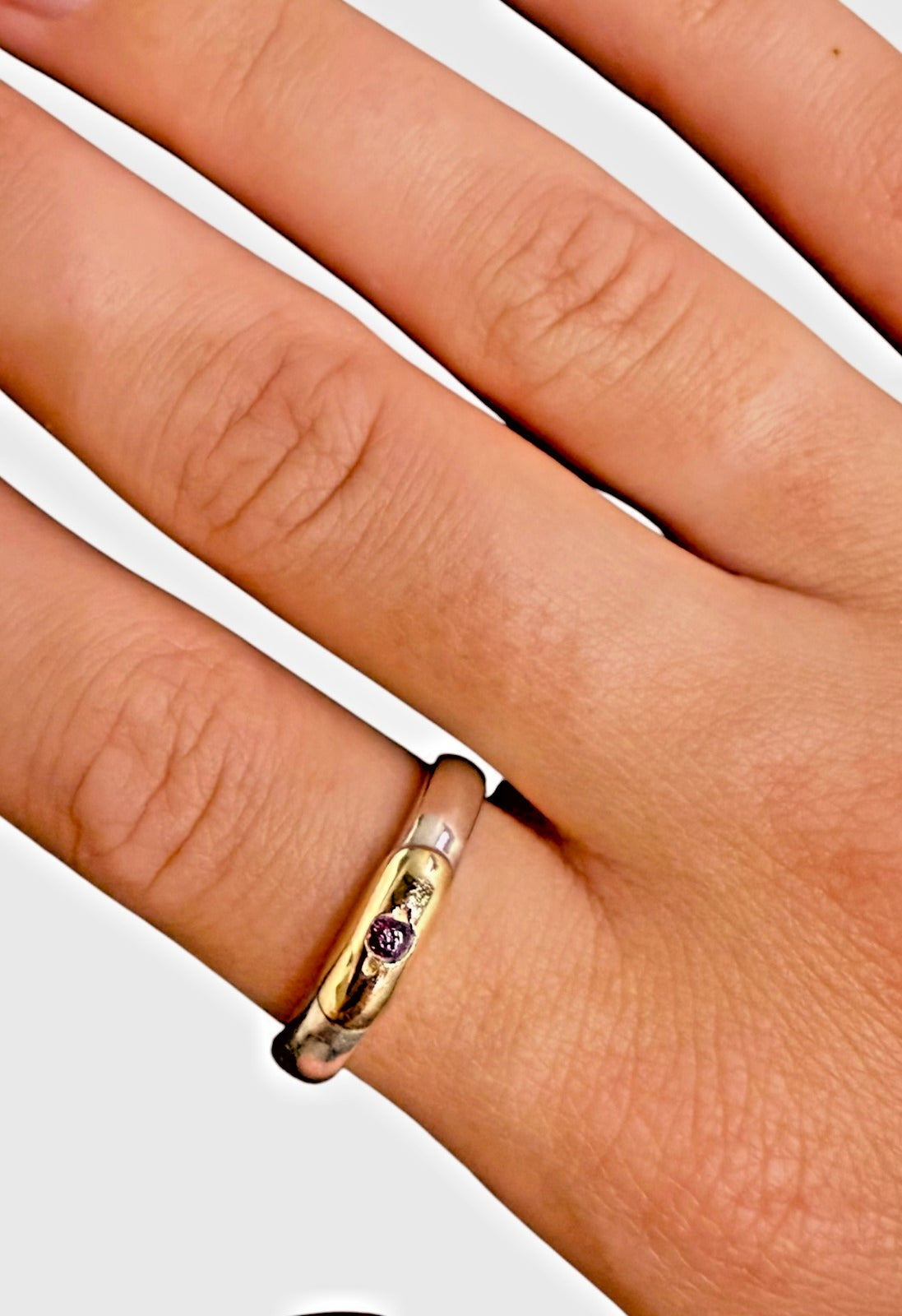 Vintage Sterling Silver & 14K Gold Ring Ruby Gemstone Inlay Band Size 8, 4.4g
