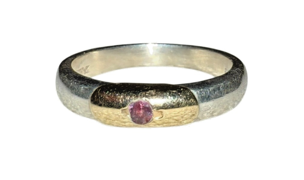 Vintage Sterling Silver & 14K Gold Ring Ruby Gemstone Inlay Band Size 8, 4.4g