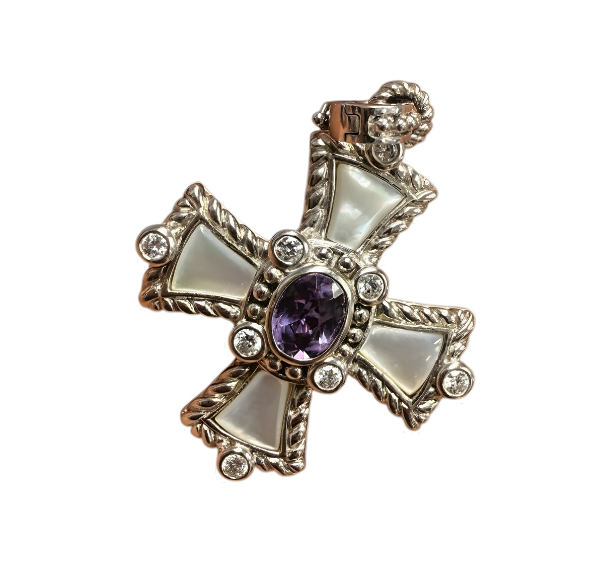 JUDITH RIPKA 925 Sterling Silver Real Amethyst MOP & C Z Cross Charm Pendant