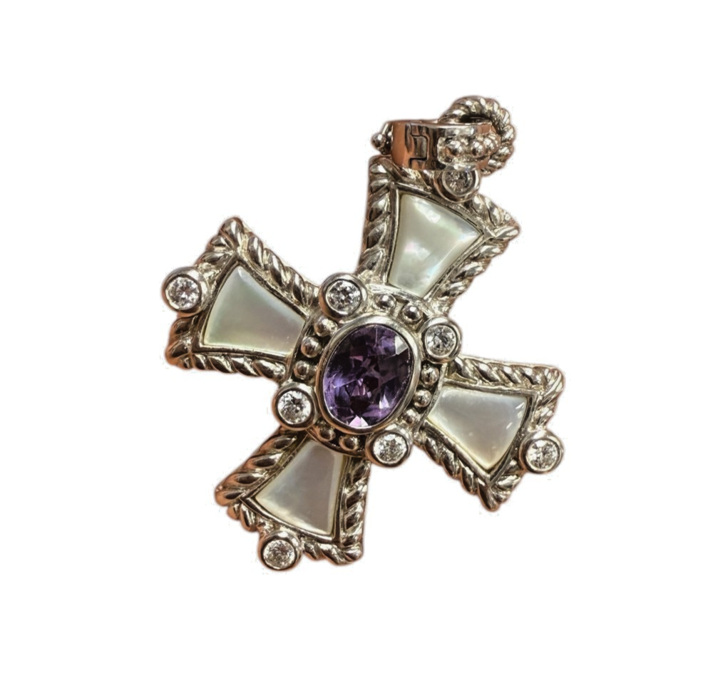 JUDITH RIPKA 925 Sterling Silver Real Amethyst MOP & C Z Cross Charm Pendant