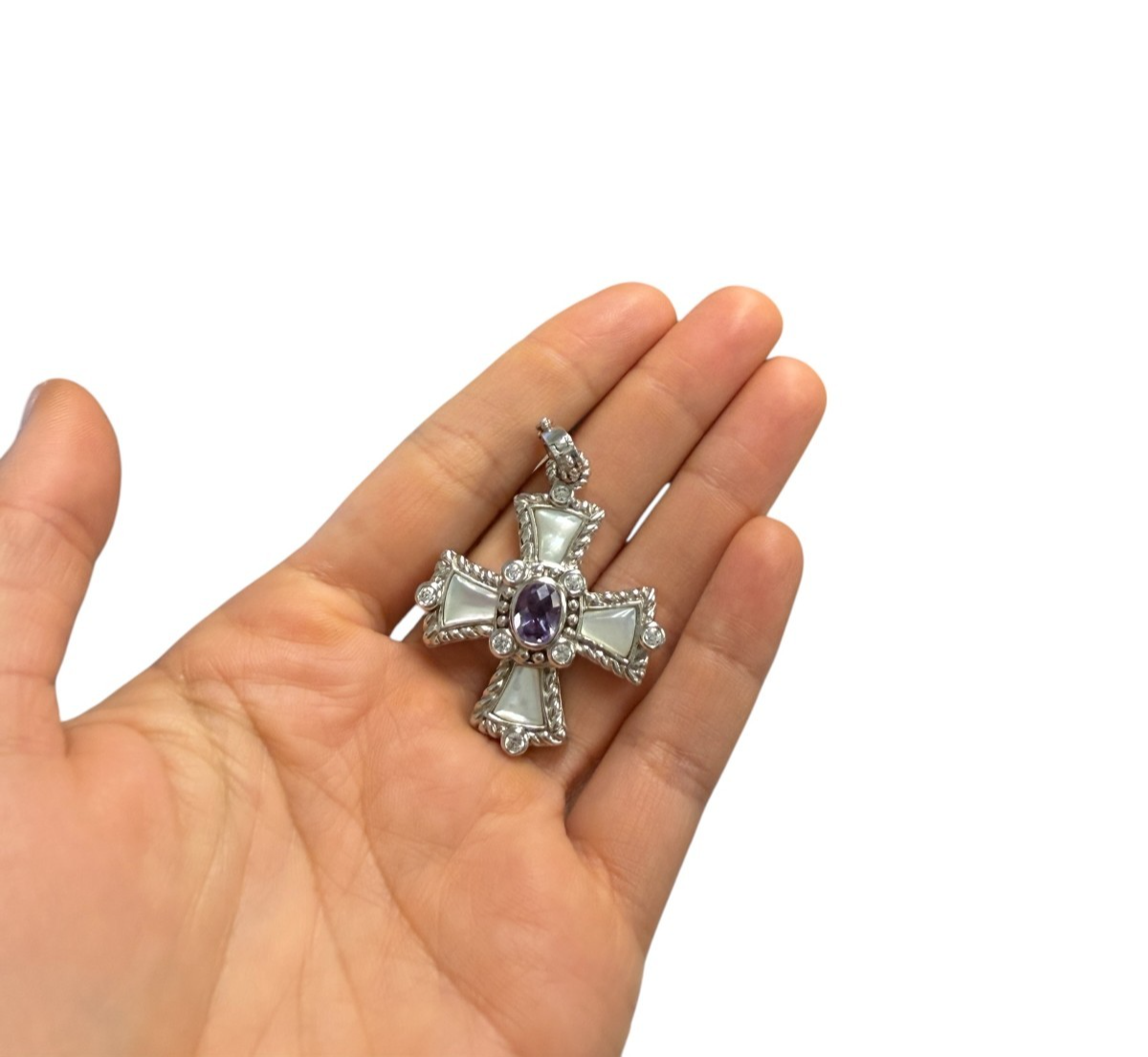 JUDITH RIPKA 925 Sterling Silver Real Amethyst MOP & C Z Cross Charm Pendant