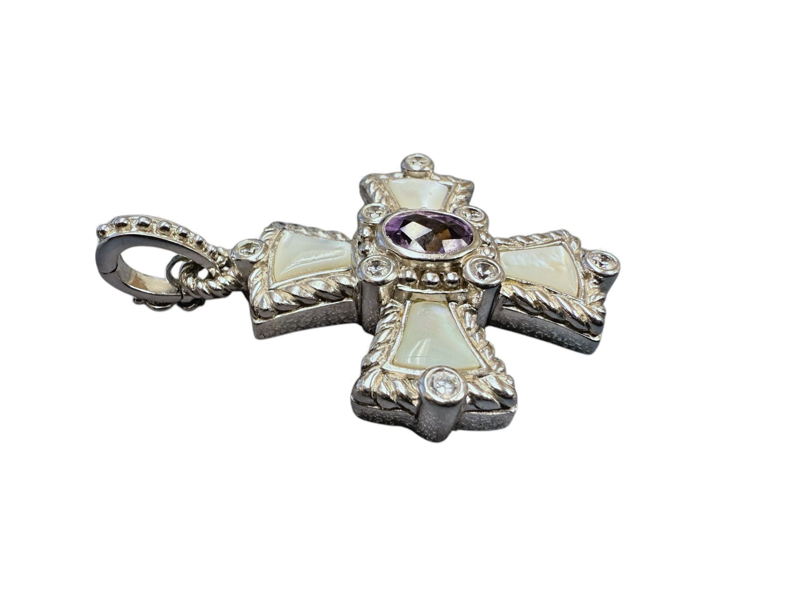 JUDITH RIPKA 925 Sterling Silver Real Amethyst MOP & C Z Cross Charm Pendant