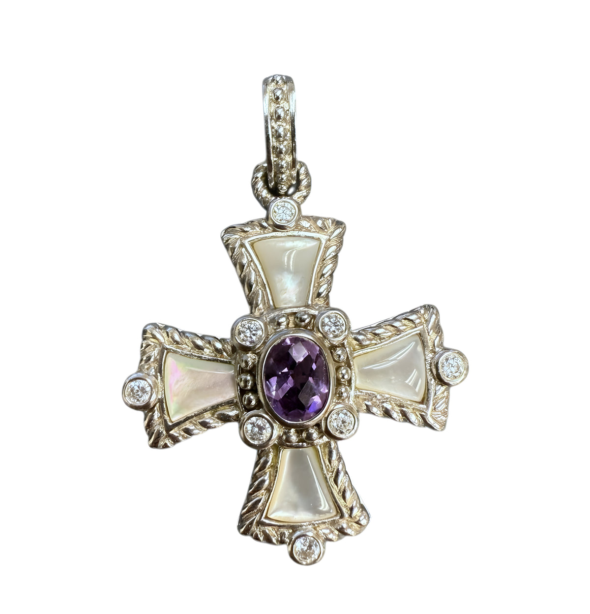 JUDITH RIPKA 925 Sterling Silver Real Amethyst MOP & C Z Cross Charm Pendant