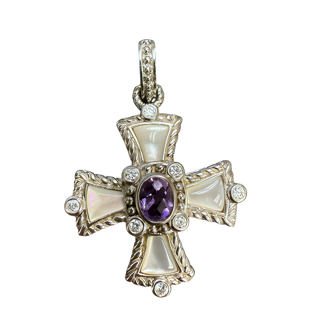 JUDITH RIPKA 925 Sterling Silver Real Amethyst MOP & C Z Cross Charm Pendant